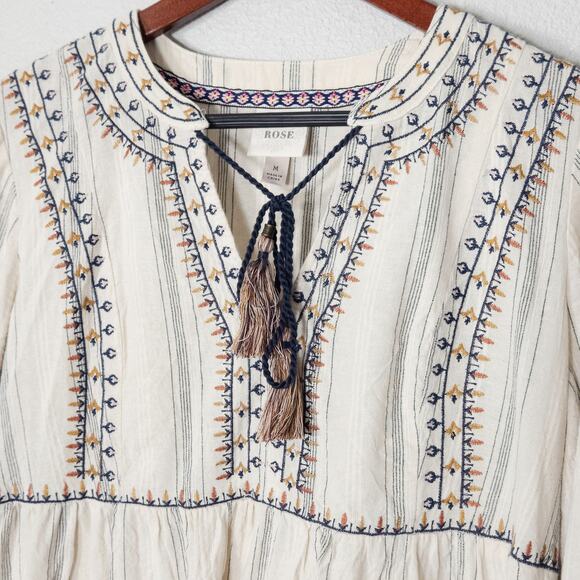 Knox Rose Women’s Dress Boho Peasant Embroidered Cotton Tassel Tie Size Medium - Picture 3 of 10